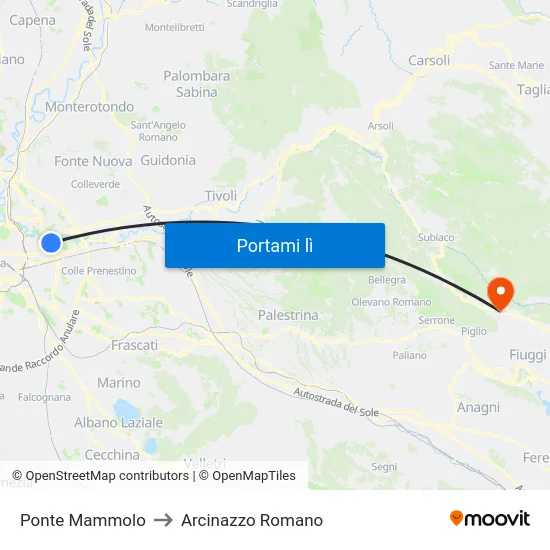 Ponte Mammolo to Arcinazzo Romano map