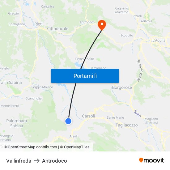 Vallinfreda to Antrodoco map