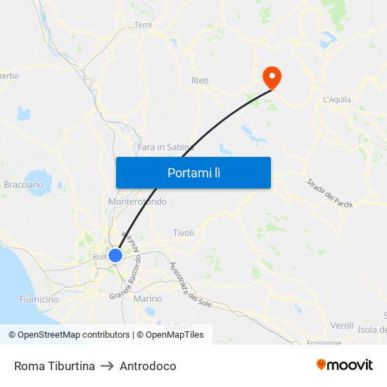 Roma Tiburtina to Antrodoco map