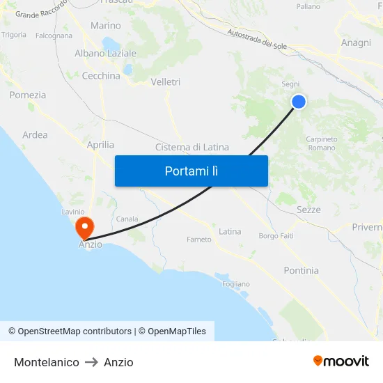 Montelanico to Anzio map