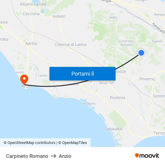 Carpineto Romano to Anzio map