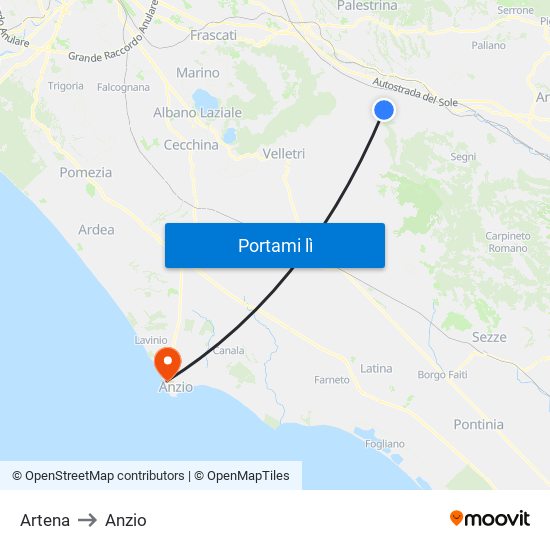 Artena to Anzio map