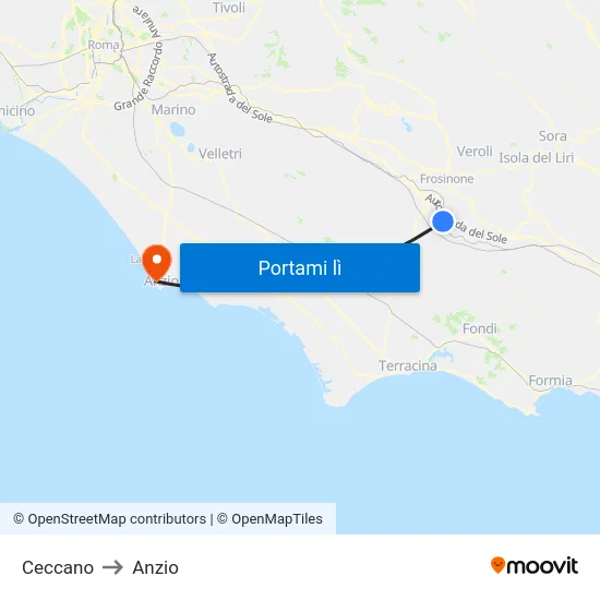 Ceccano to Anzio map