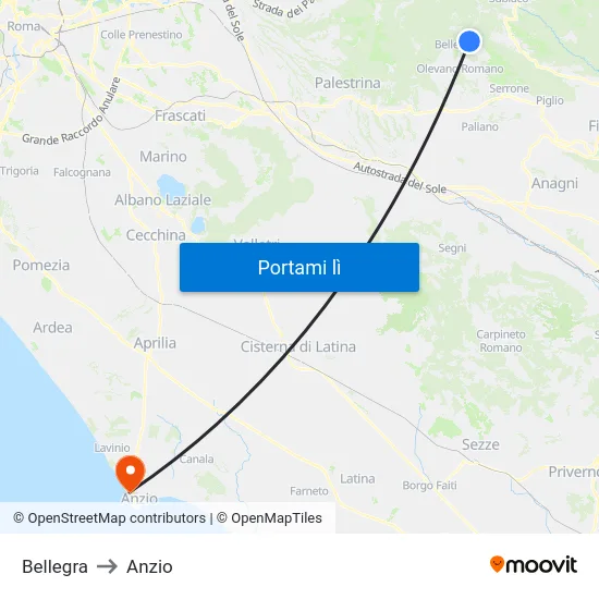 Bellegra to Anzio map