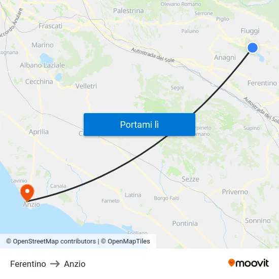 Ferentino to Anzio map
