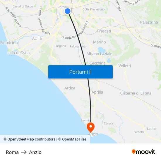 Roma to Anzio map