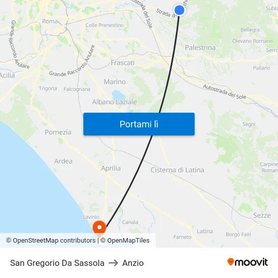 San Gregorio Da Sassola to Anzio map
