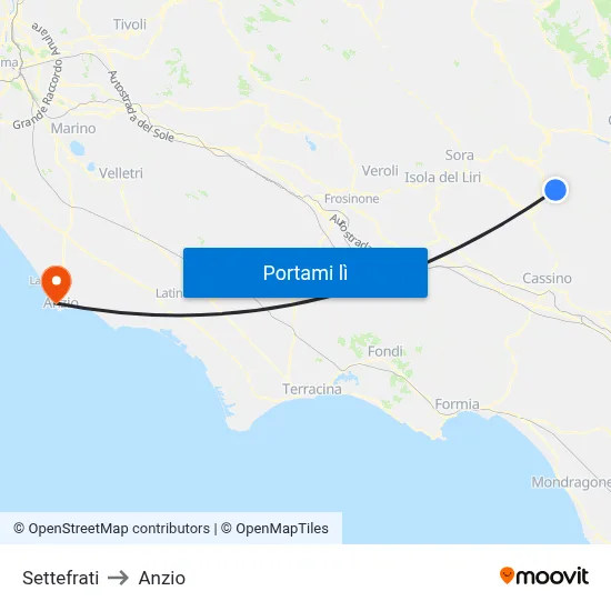 Settefrati to Anzio map