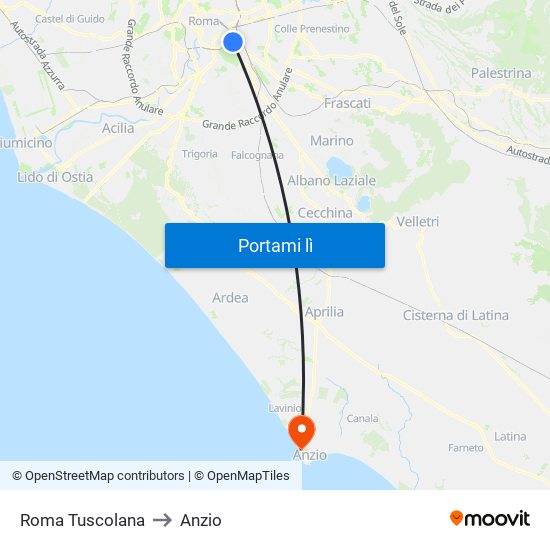 Roma Tuscolana to Anzio map