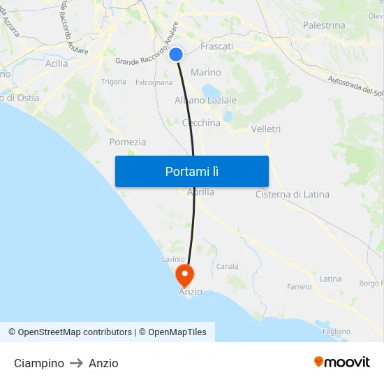 Ciampino to Anzio map