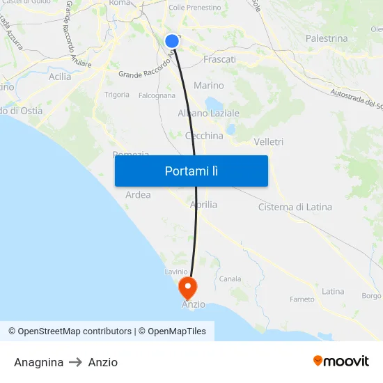 Anagnina to Anzio map