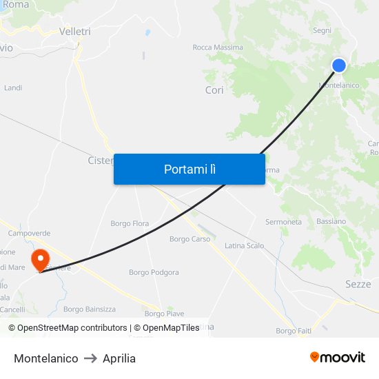 Montelanico to Aprilia map