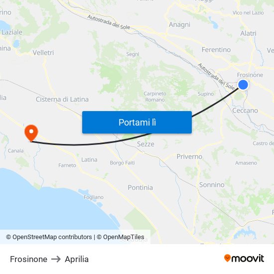 Frosinone to Aprilia map