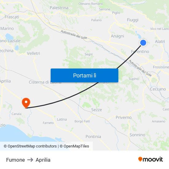 Fumone to Aprilia map