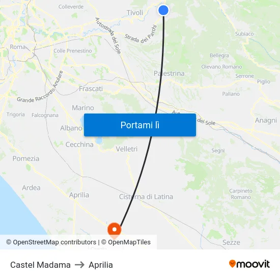 Castel Madama to Aprilia map
