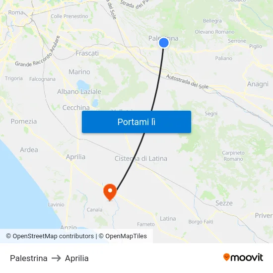 Palestrina to Aprilia map