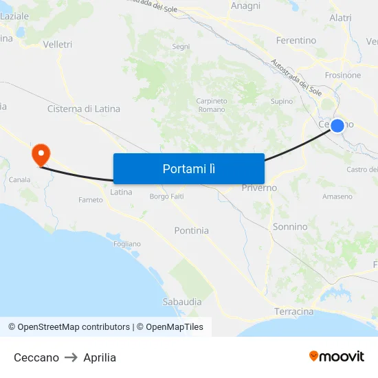 Ceccano to Aprilia map