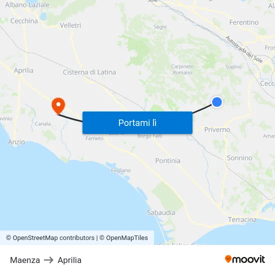 Maenza to Aprilia map