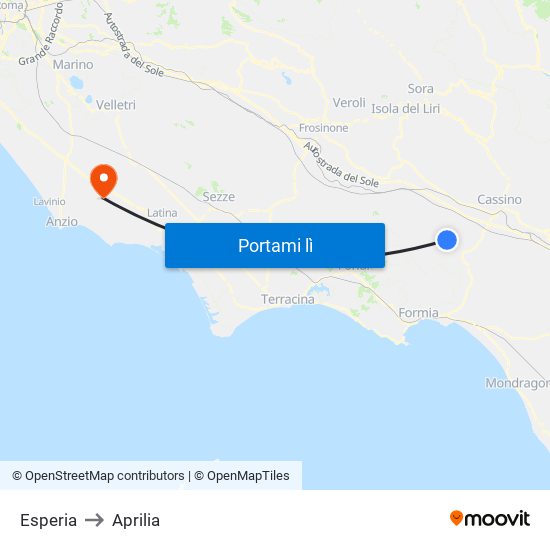 Esperia to Aprilia map