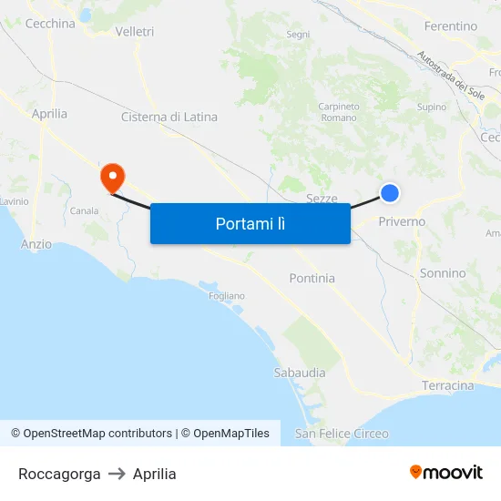 Roccagorga to Aprilia map
