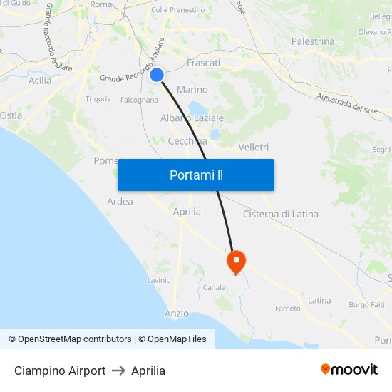 Ciampino Airport to Aprilia map