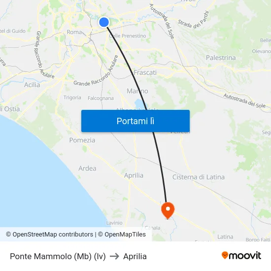 Ponte Mammolo (Mb) (Iv) to Aprilia map