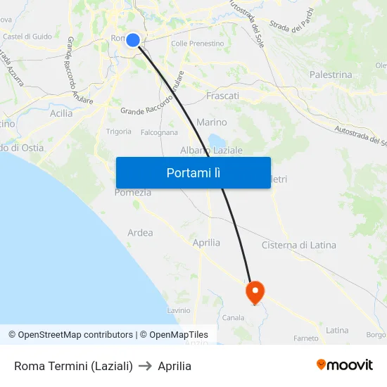 Roma Termini (Laziali) to Aprilia map