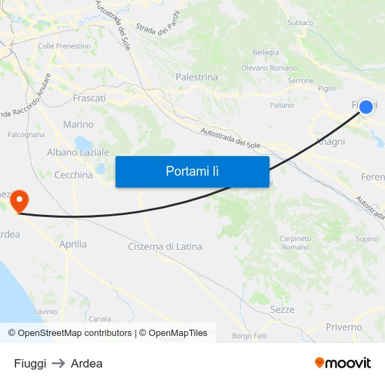 Fiuggi to Ardea map