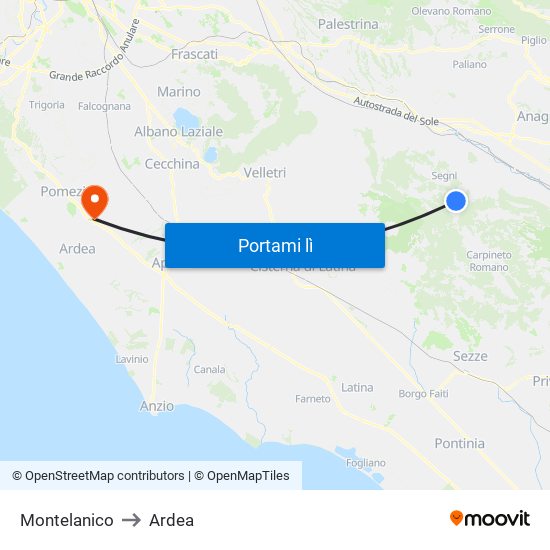 Montelanico to Ardea map