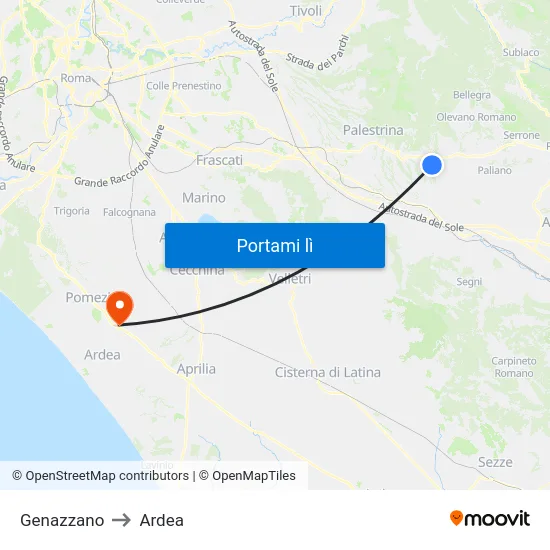 Genazzano to Ardea map