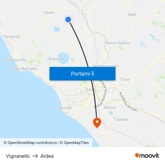 Vignanello to Ardea map