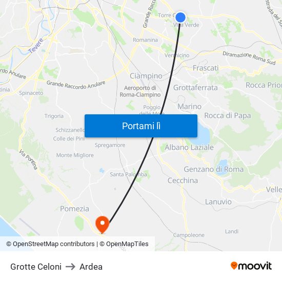 Grotte Celoni to Ardea map