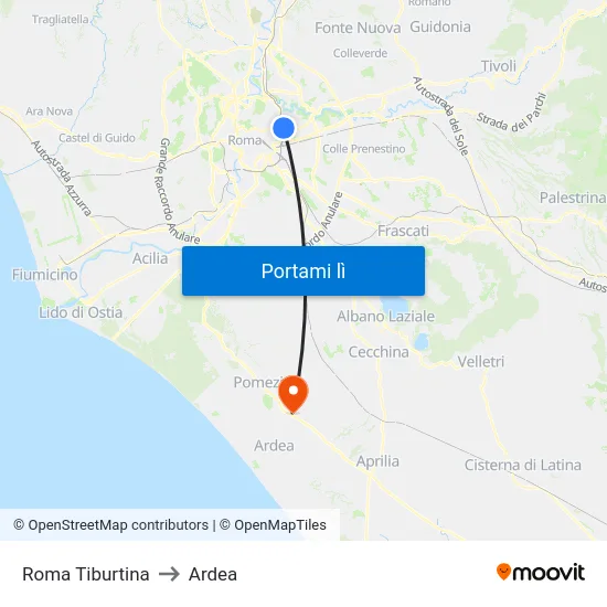 Roma Tiburtina to Ardea map