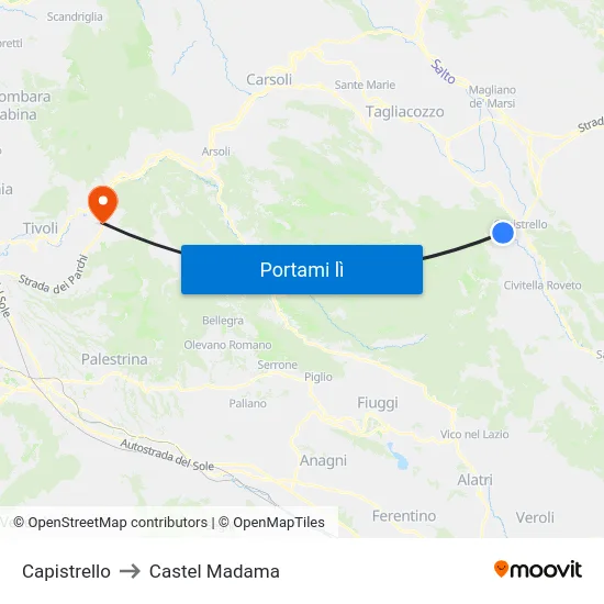 Capistrello to Castel Madama map