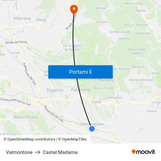 Valmontone to Castel Madama map