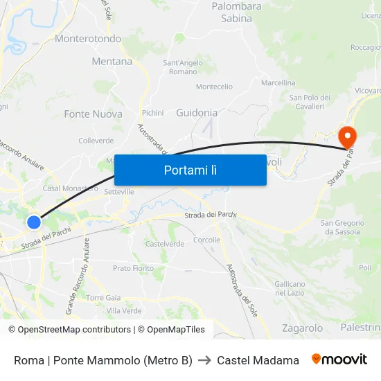 Roma | Ponte Mammolo (Metro B) to Castel Madama map