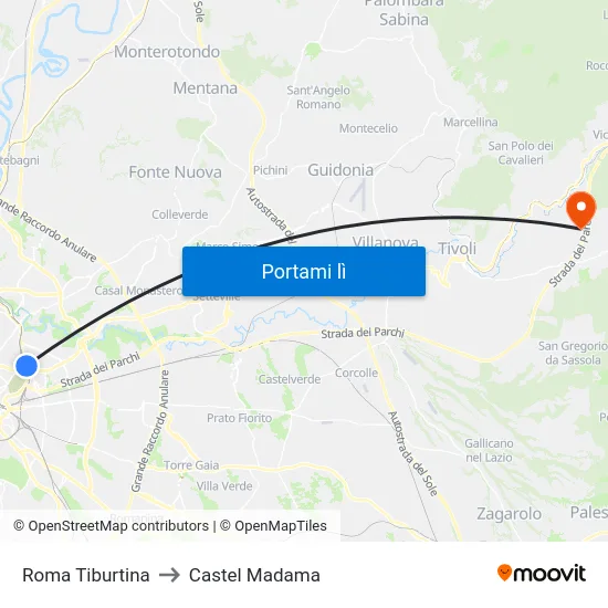 Roma Tiburtina to Castel Madama map