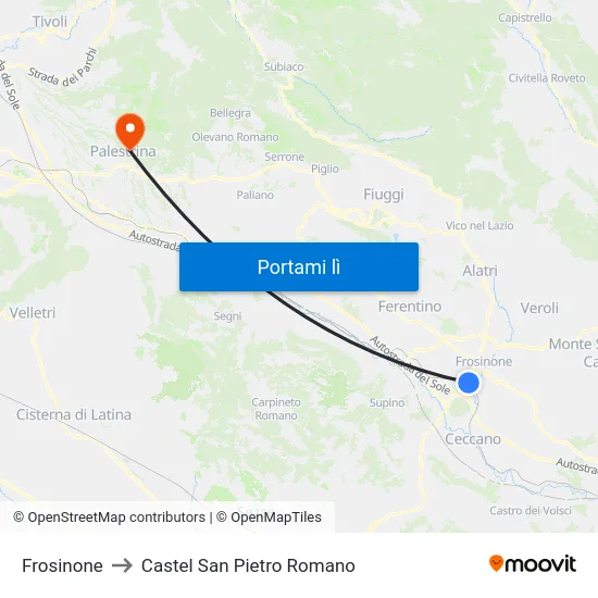 Frosinone to Castel San Pietro Romano map