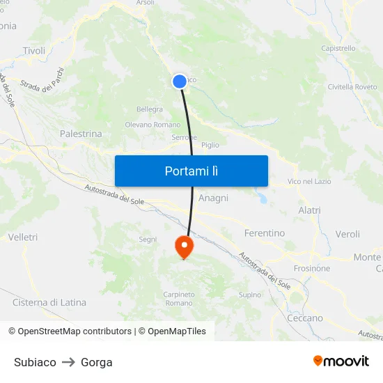 Subiaco to Gorga map