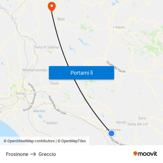 Frosinone to Greccio map