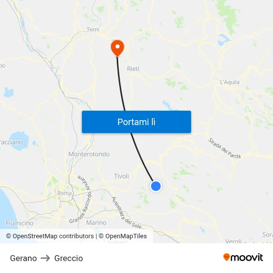 Gerano to Greccio map