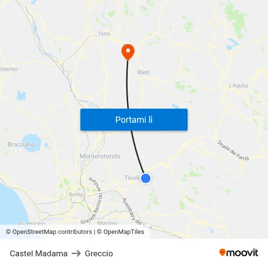 Castel Madama to Greccio map