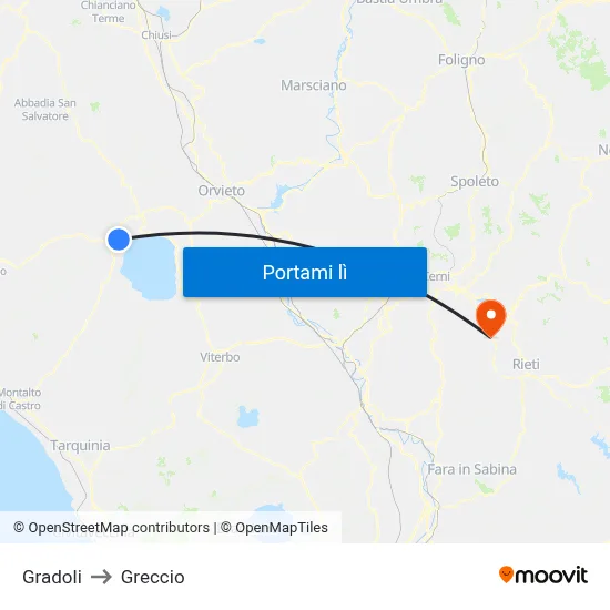Gradoli to Greccio map