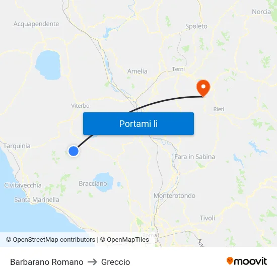 Barbarano Romano to Greccio map