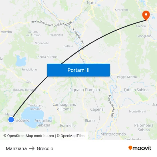 Manziana to Greccio map