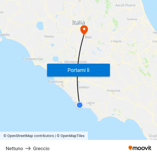 Nettuno to Greccio map