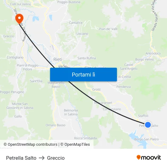 Petrella Salto to Greccio map
