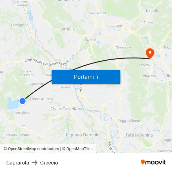 Caprarola to Greccio map