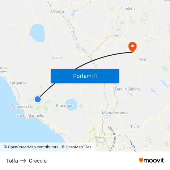 Tolfa to Greccio map