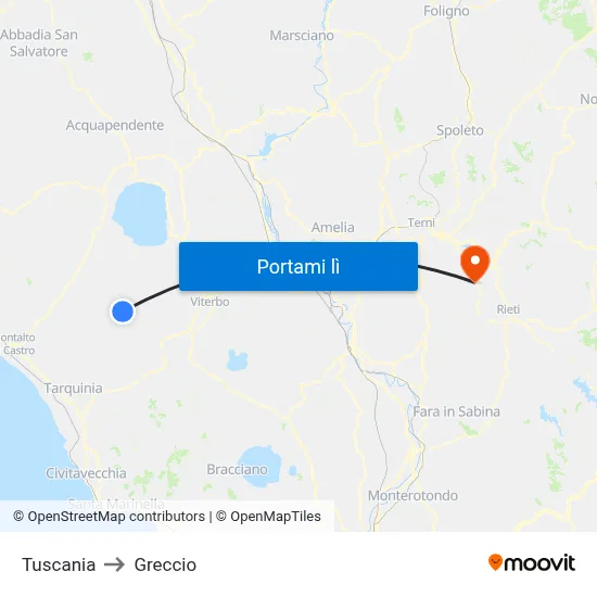 Tuscania to Greccio map